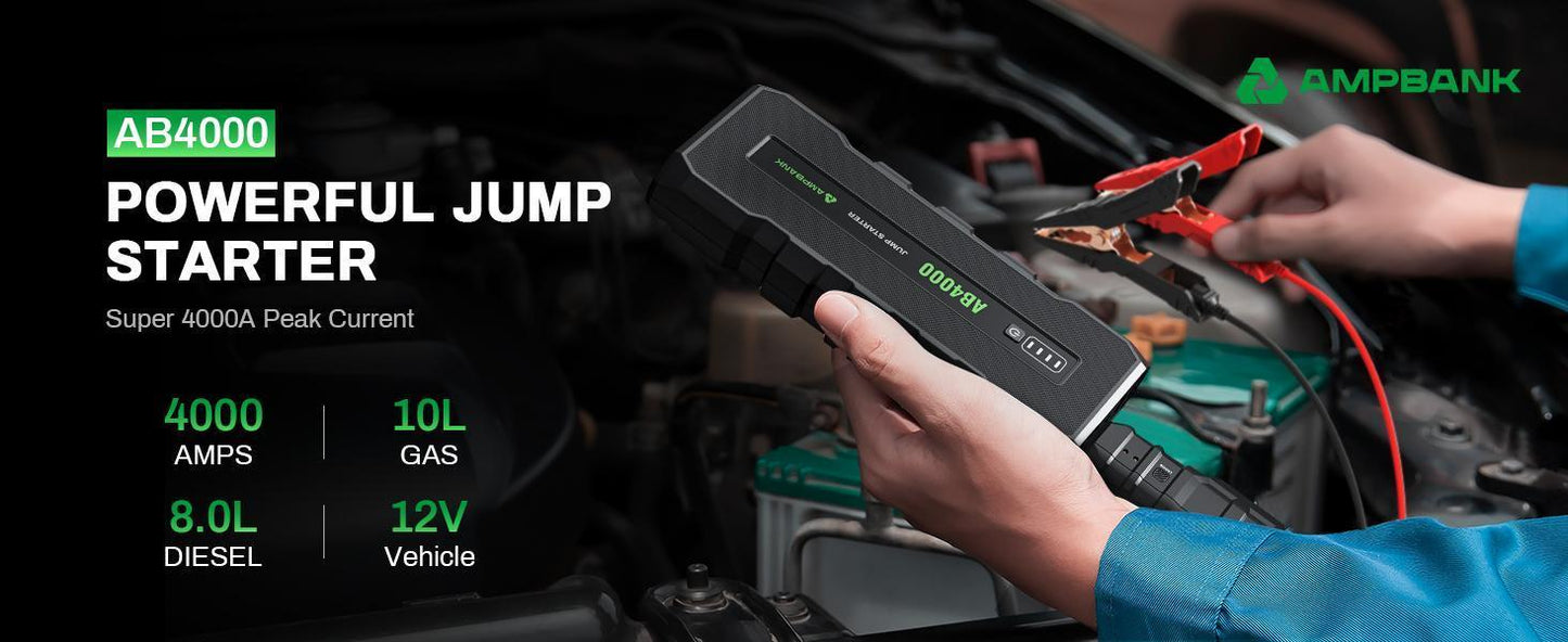 4000A Emergency Starting Power Supply 12V Portable Car Battery Jump Starter With 18W Fast Charge For 10L Gasoline And 8L Diesel Engines With LED Light Jump Starter Cable And EVA Storage Box