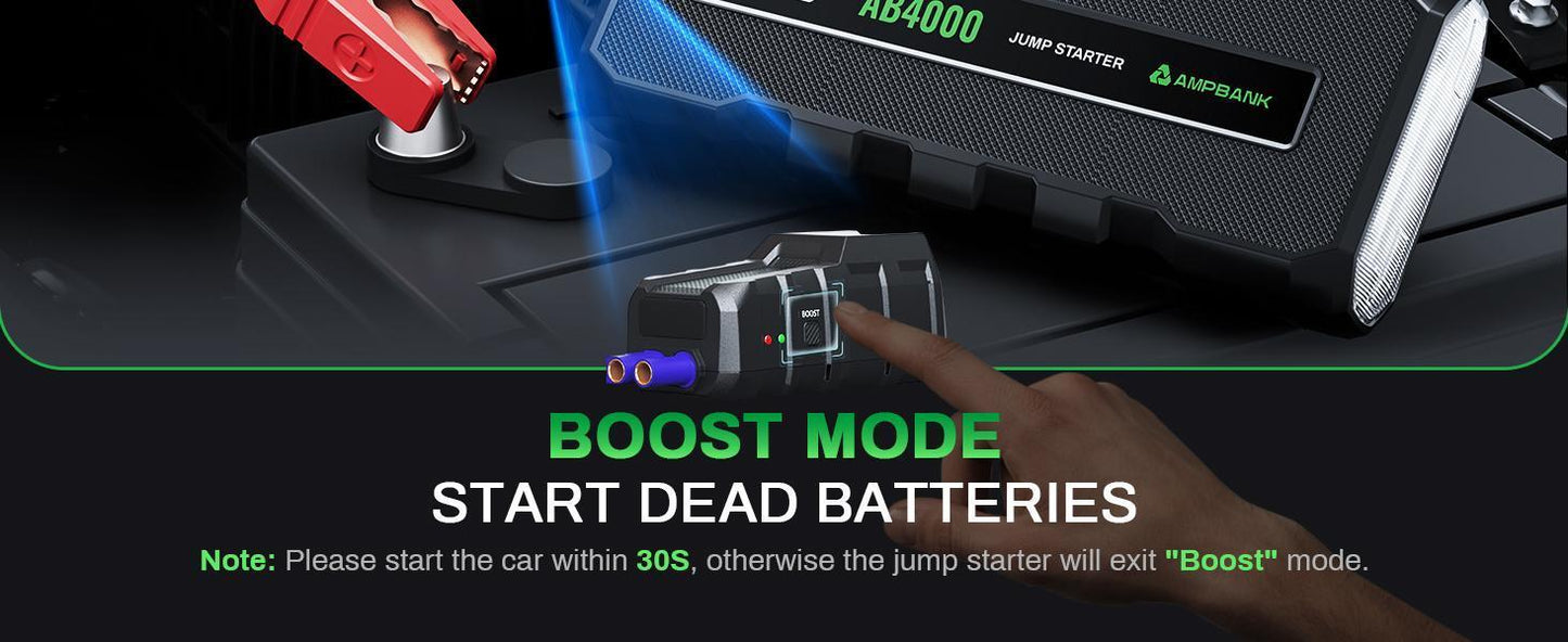 4000A Emergency Starting Power Supply 12V Portable Car Battery Jump Starter With 18W Fast Charge For 10L Gasoline And 8L Diesel Engines With LED Light Jump Starter Cable And EVA Storage Box