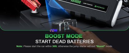 4000A Emergency Starting Power Supply 12V Portable Car Battery Jump Starter With 18W Fast Charge For 10L Gasoline And 8L Diesel Engines With LED Light Jump Starter Cable And EVA Storage Box