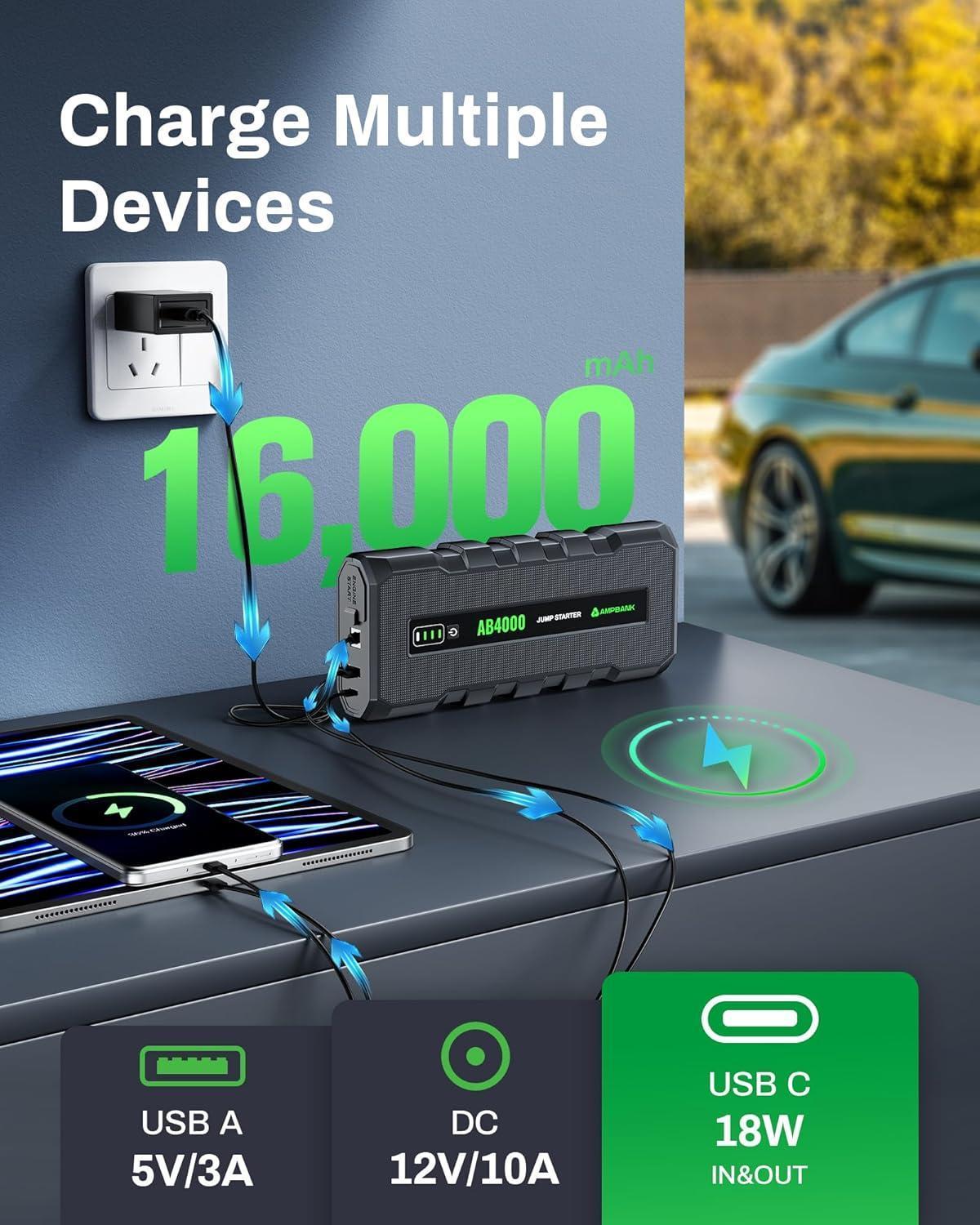 4000A Emergency Starting Power Supply 12V Portable Car Battery Jump Starter With 18W Fast Charge For 10L Gasoline And 8L Diesel Engines With LED Light Jump Starter Cable And EVA Storage Box